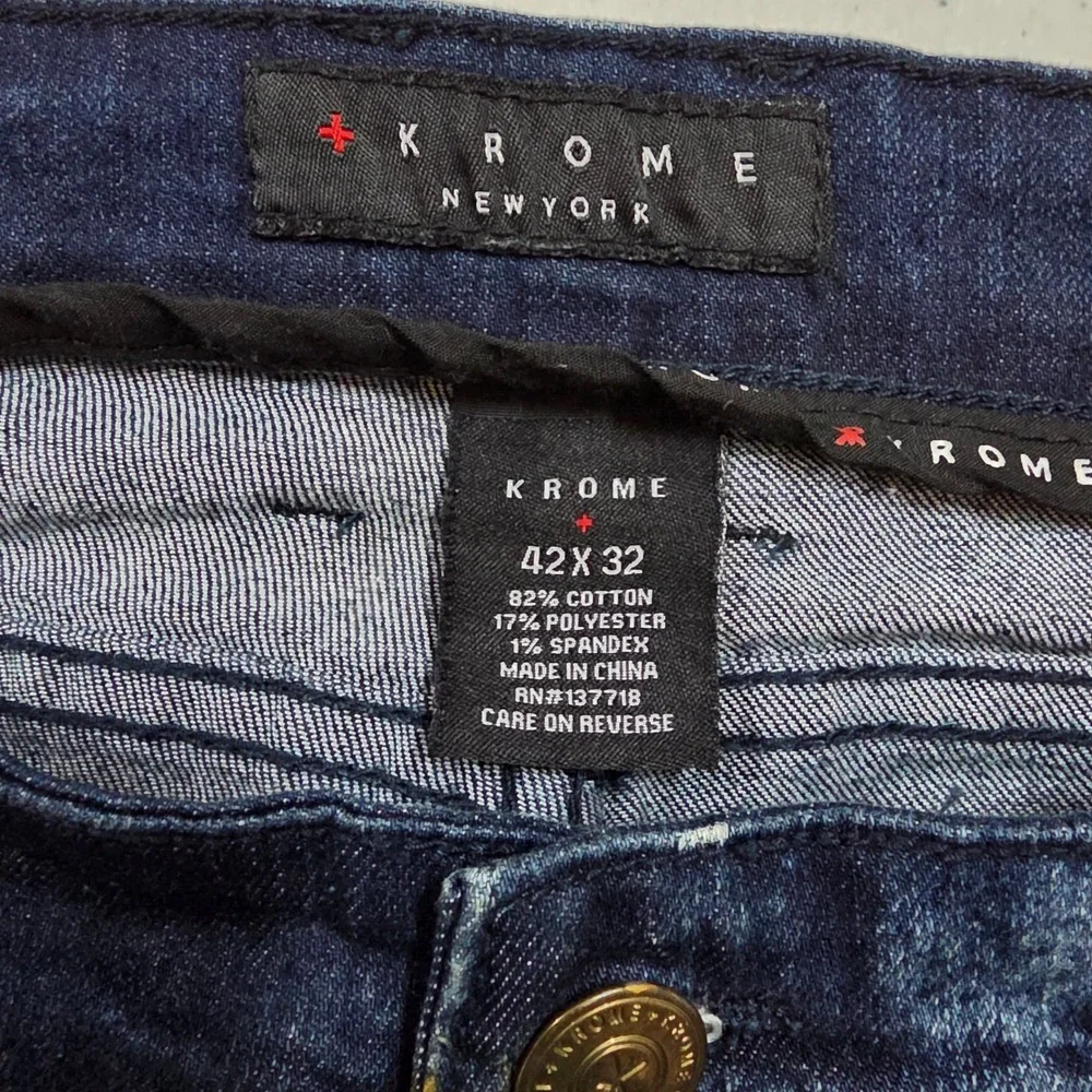 Krome New York Mens 42x32 Moto Biker Jean Acid Wash Distressed Blue Yellow Splat
